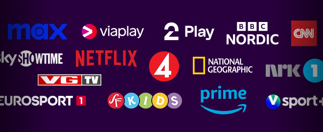 Logoer av strømmetjenester og kanaler i Telia Play