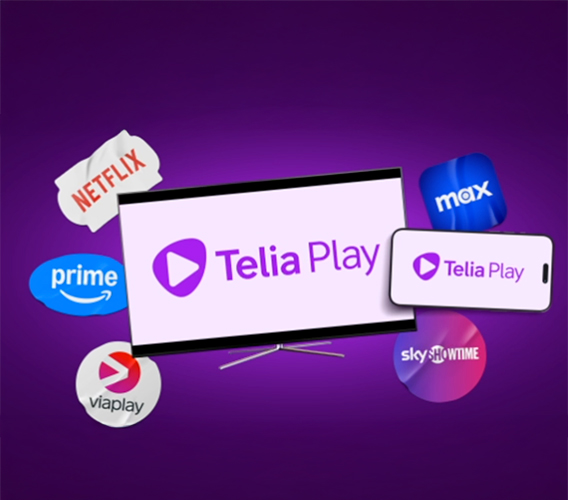 Telia Play med TV-skjerm og mobil samt logoer for strømmetjenester.