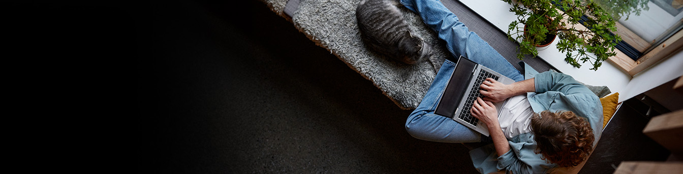 En mann med laptop og en grå katt ses ovenfra sittende på en benk