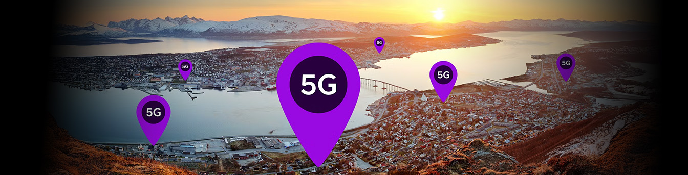 Utsikt over Tromsø med 5G-symboler på ulike steder i bybildet.